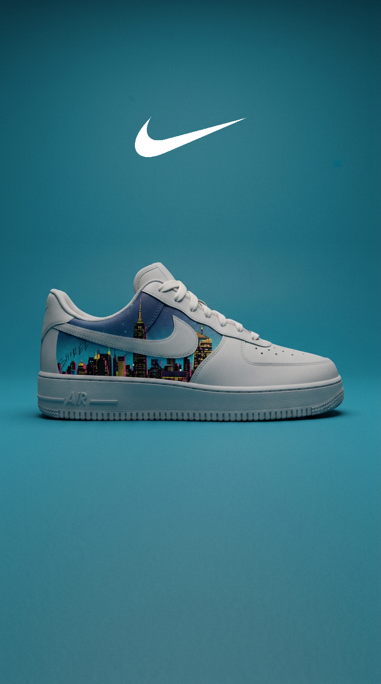 White Air Force 1 with a neon city skyline panel on a teal backdrop beneath a white Nike swoosh