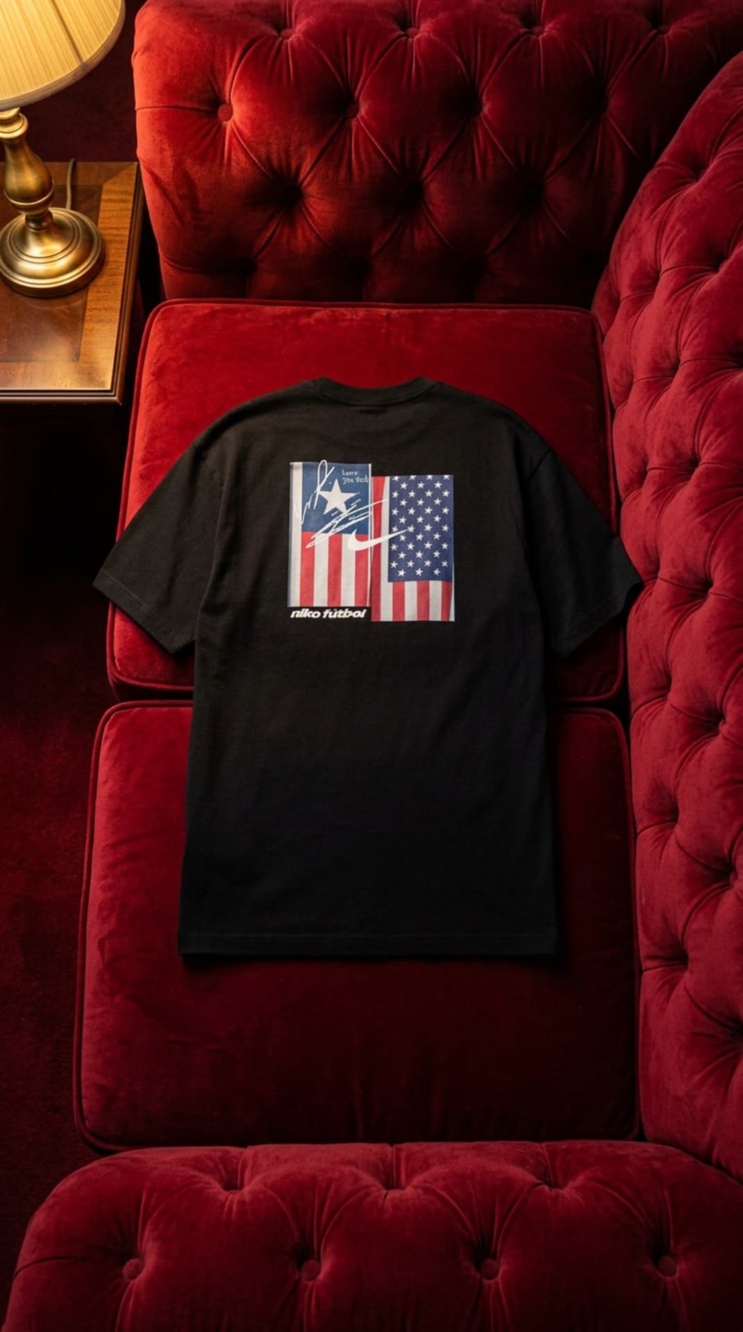 Black Nike futbol tee with dual American flag graphic, laid on a red velvet couch