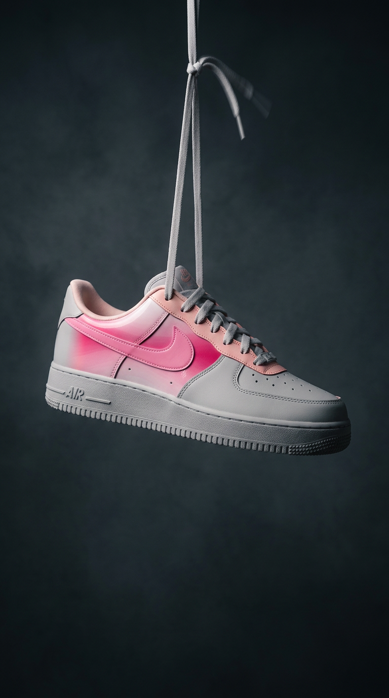 Grey Air Force 1 with a pink airbrushed swoosh hanging by its laces against a dark backdrop