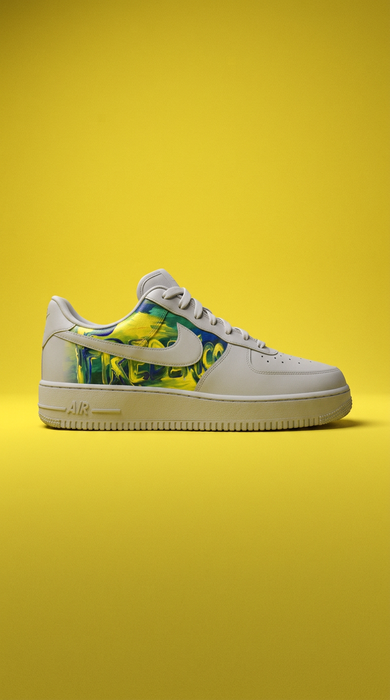 Cream Air Force 1 with a green, blue and yellow painted Frederico signature panel on a yellow backdrop