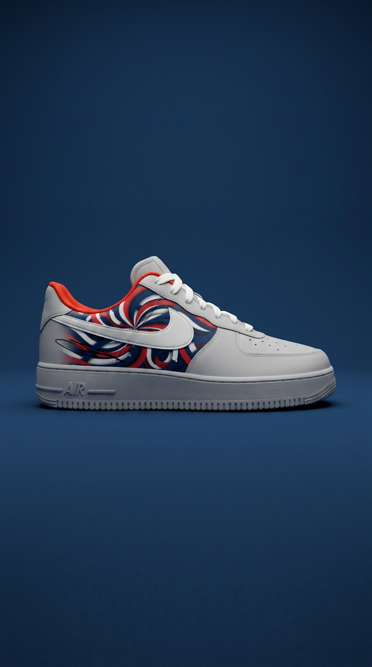 White Air Force 1 with a red, white and blue swirl panel and signature on a navy backdrop
