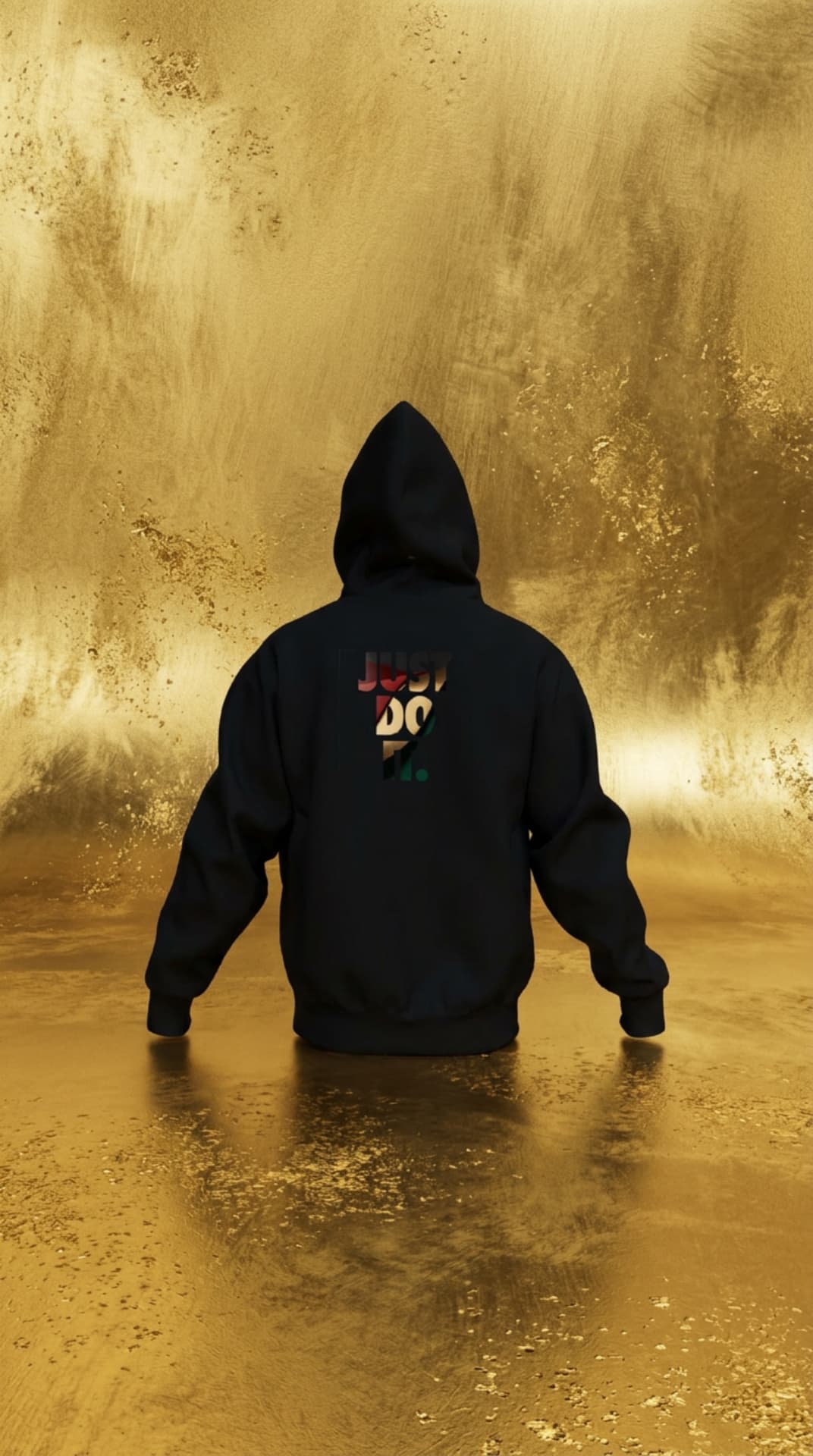 Black Just Do It hoodie shot against a golden haze backdrop