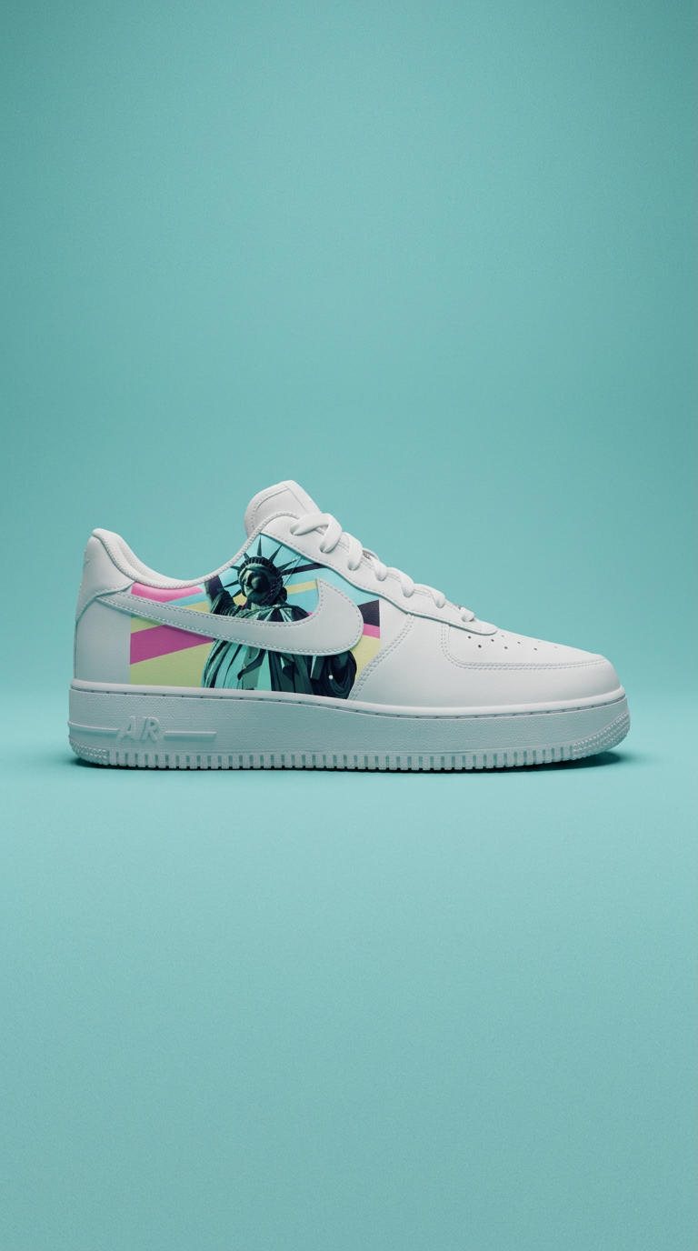 White Air Force 1 with a Statue of Liberty geometric panel on a teal backdrop