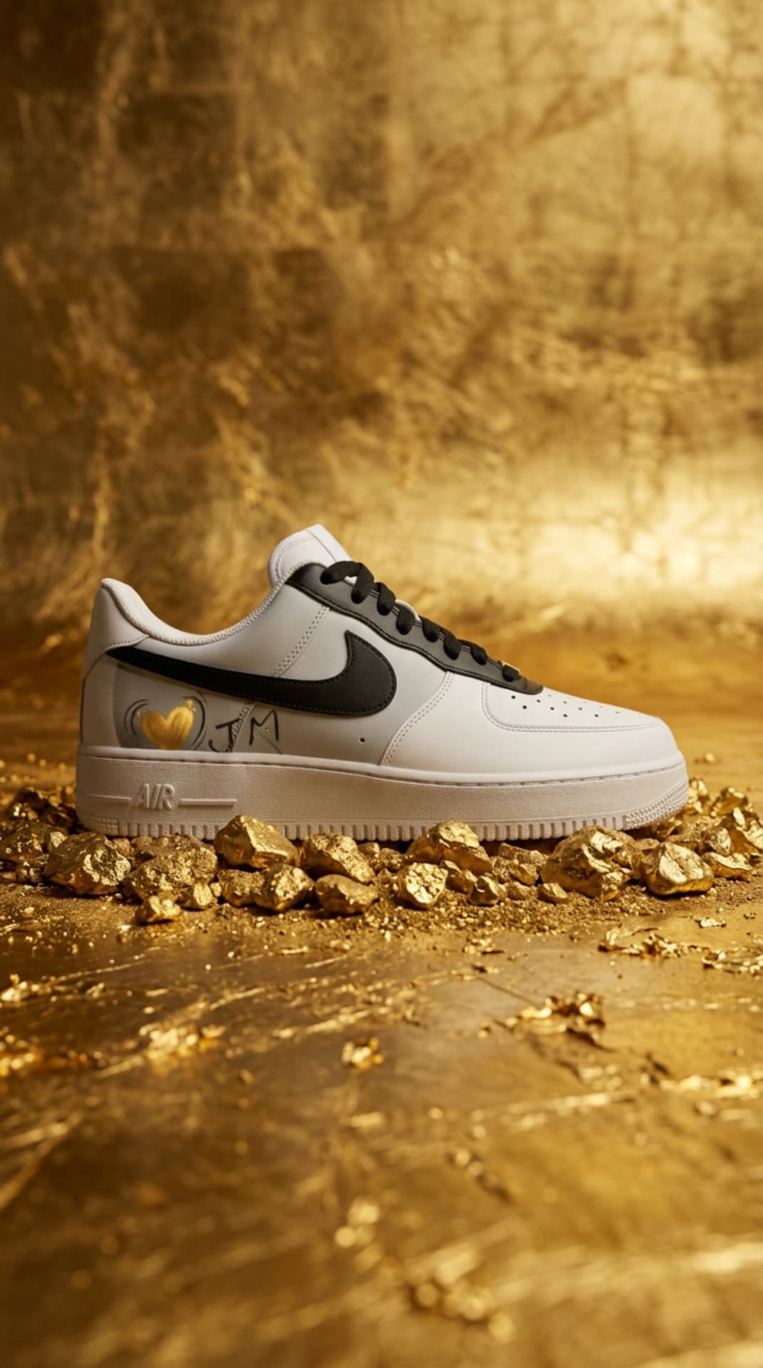 White Air Force 1 with a gold heart and JM script resting on gold nuggets against a golden backdrop