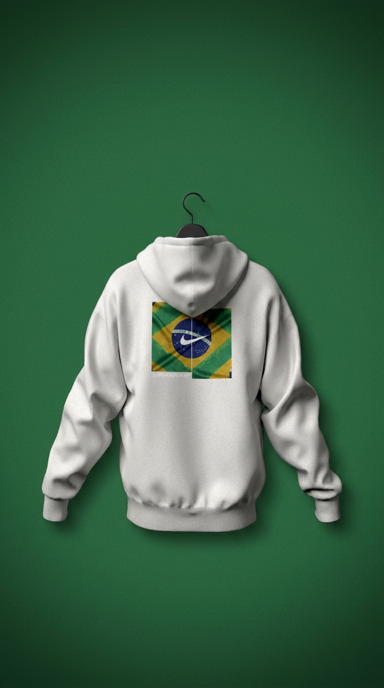 White hoodie with a Brazil flag Swoosh box graphic on a green backdrop