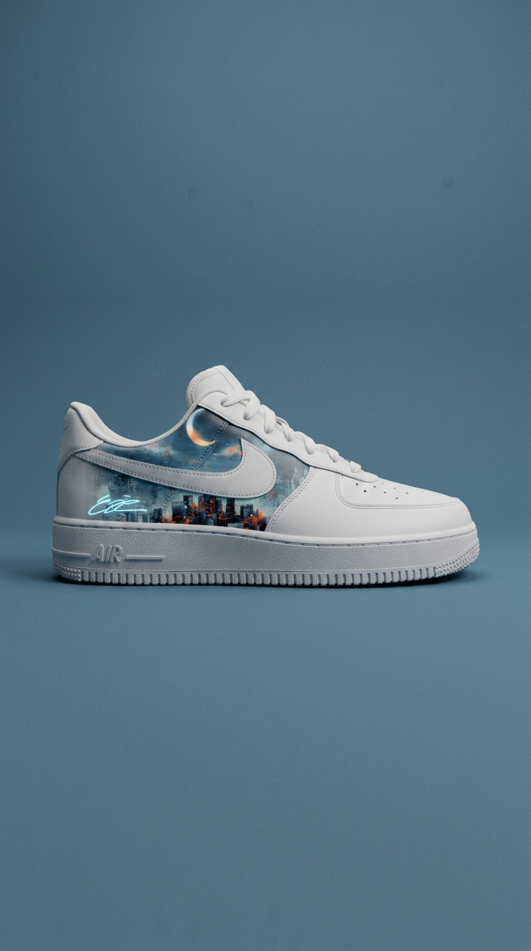 White Air Force 1 with a moonlit skyline panel and blue signature on a slate blue backdrop