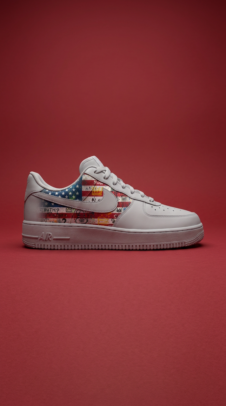 White Air Force 1 with a graffiti-art American flag panel on a deep red backdrop