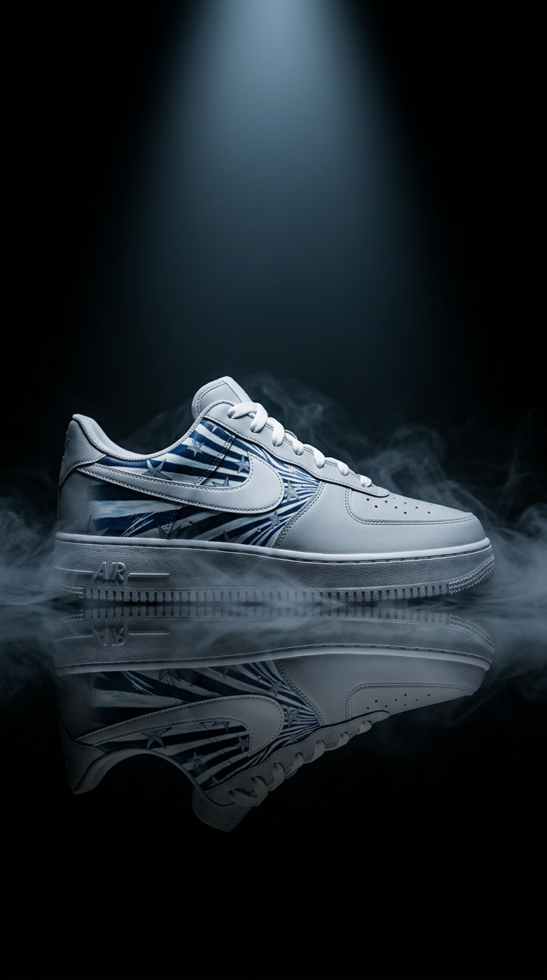 White Air Force 1 with navy star burst side panel lit by a spotlight above a mirrored floor