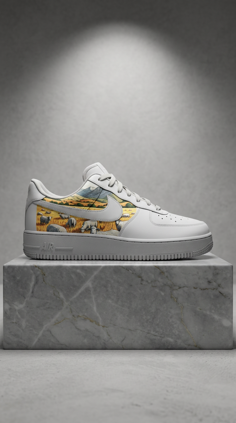White Air Force 1 with a farmland panel spotlit on a marble plinth