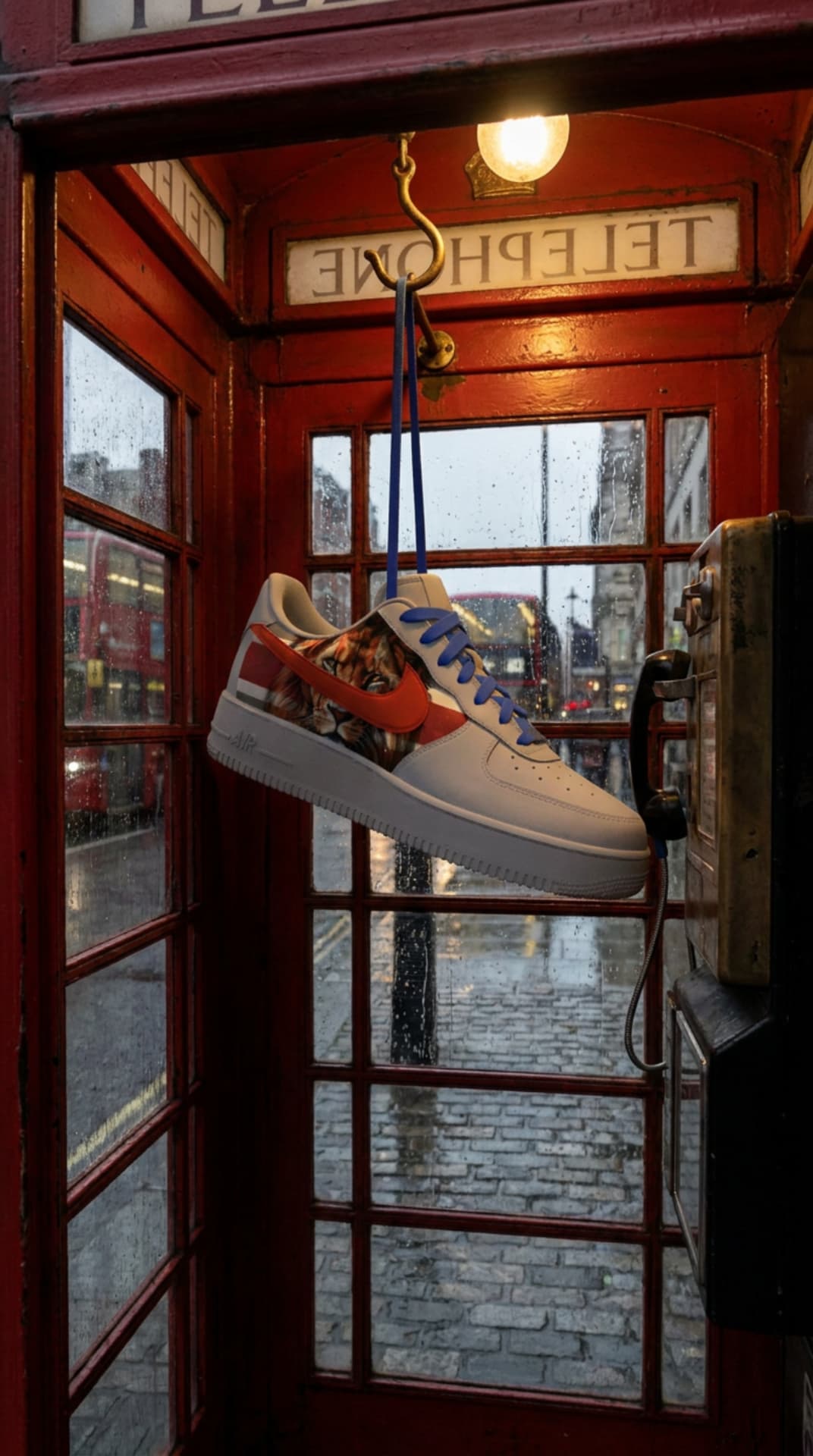 The lion-panel Air Force 1 hanging by its blue laces inside a rain-streaked red London telephone box