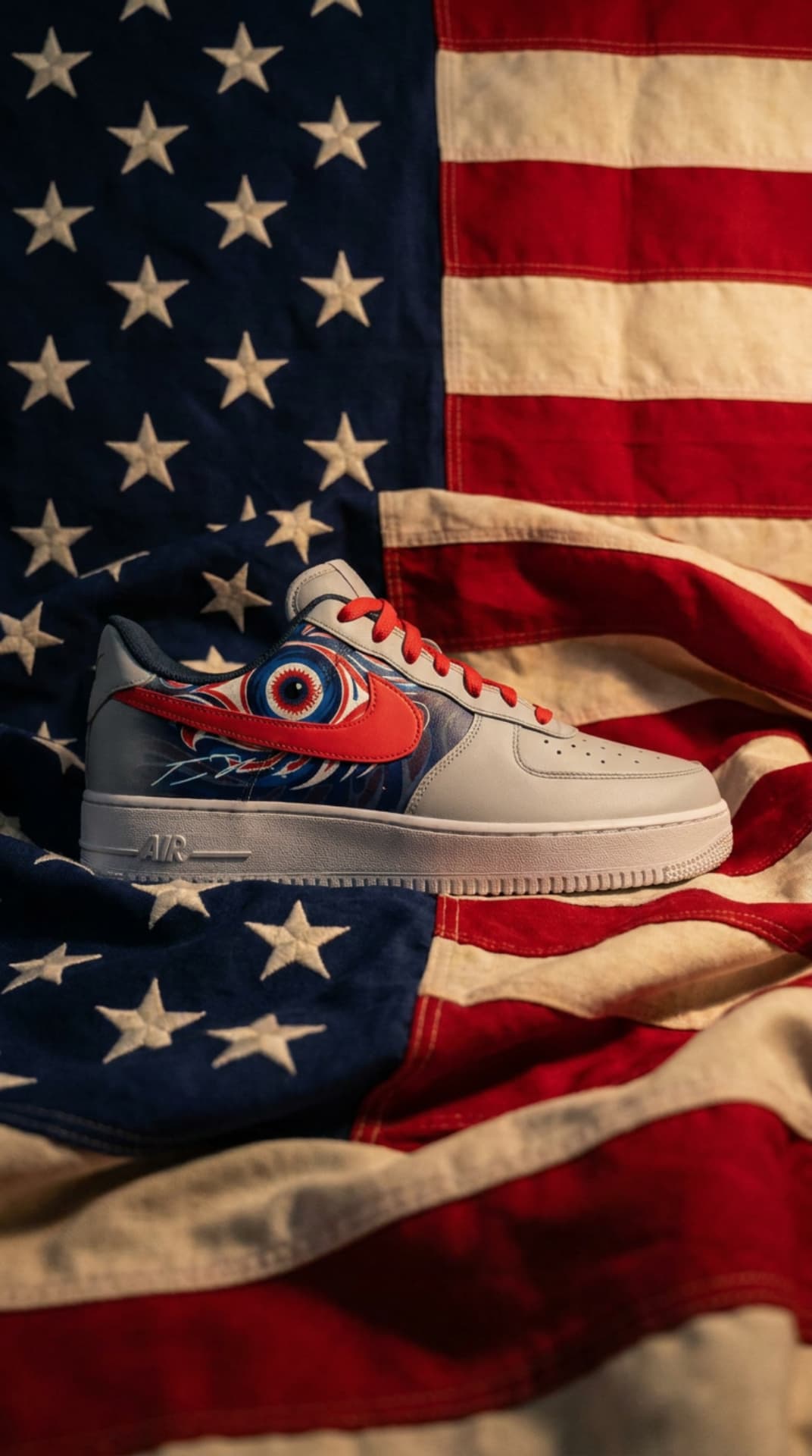The custom Air Force 1 resting on a weathered American flag