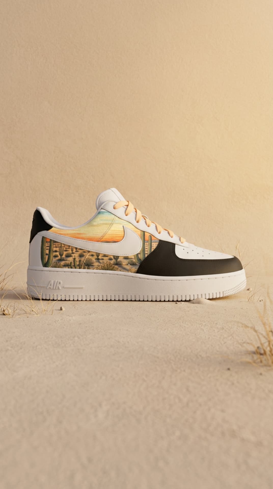 White and black Air Force 1 with a hand-painted desert cactus sunset panel, resting in sand