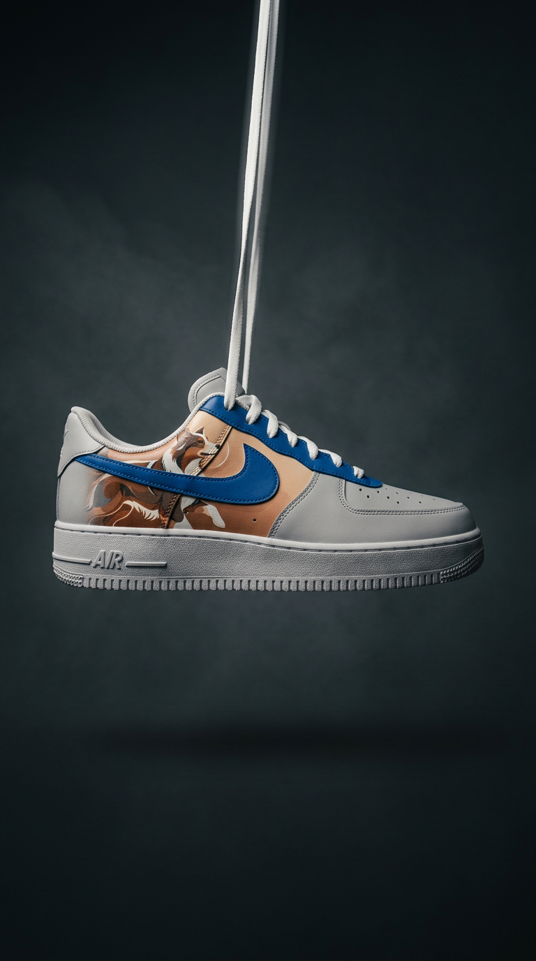 Grey Air Force 1 with a royal blue swoosh hanging by its laces against a dark charcoal backdrop
