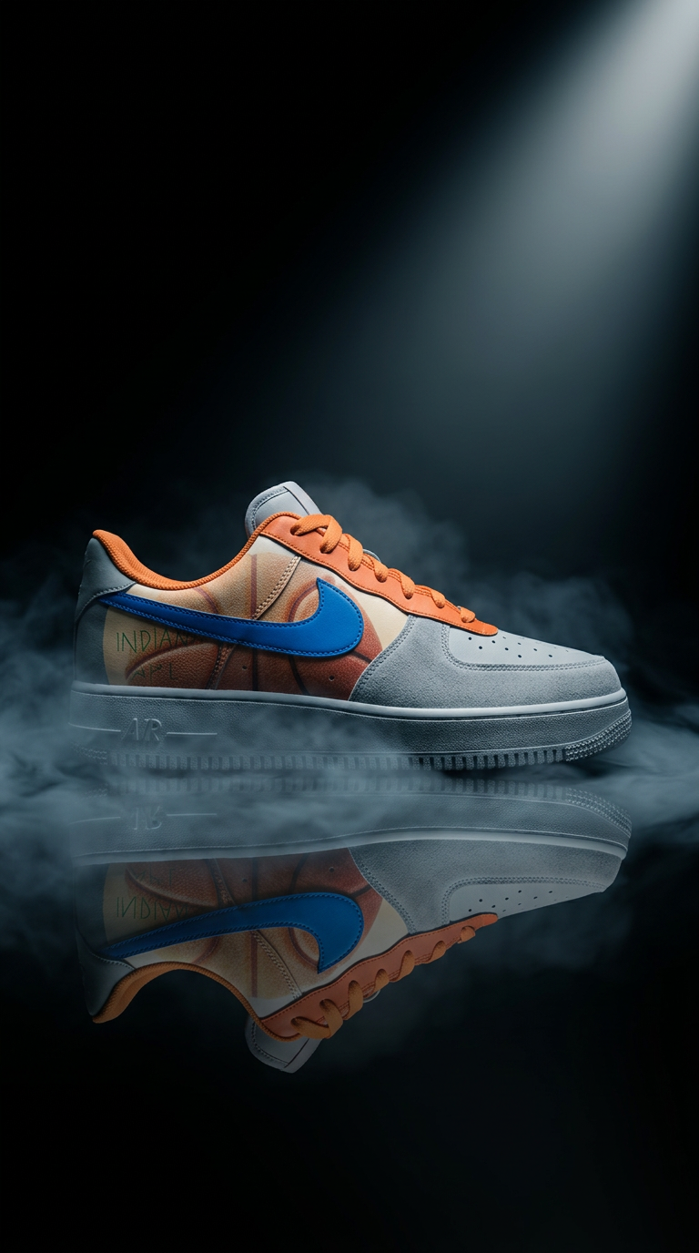 Grey Air Force 1 with a basketball print panel, blue swoosh and orange laces, spotlit in smoke above a mirrored floor