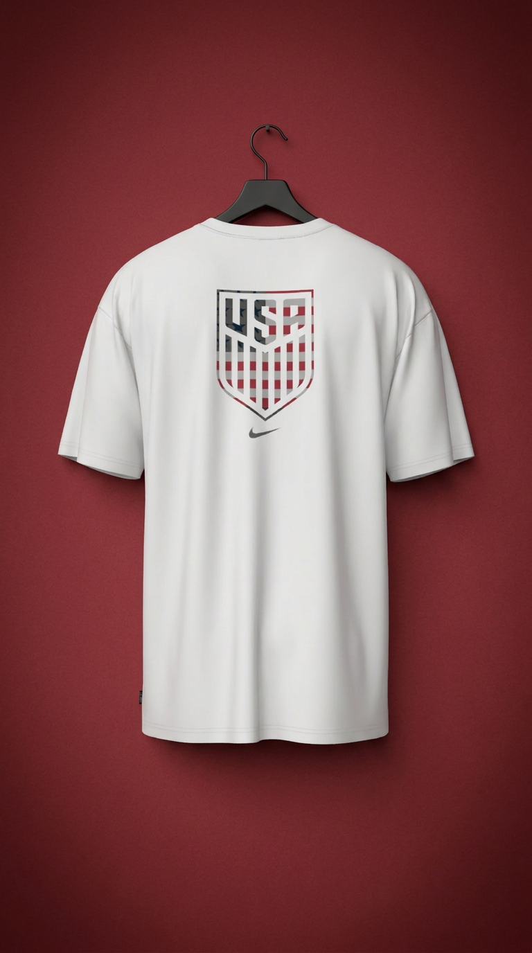 White tee with a striped USA crest and Swoosh on a crimson backdrop