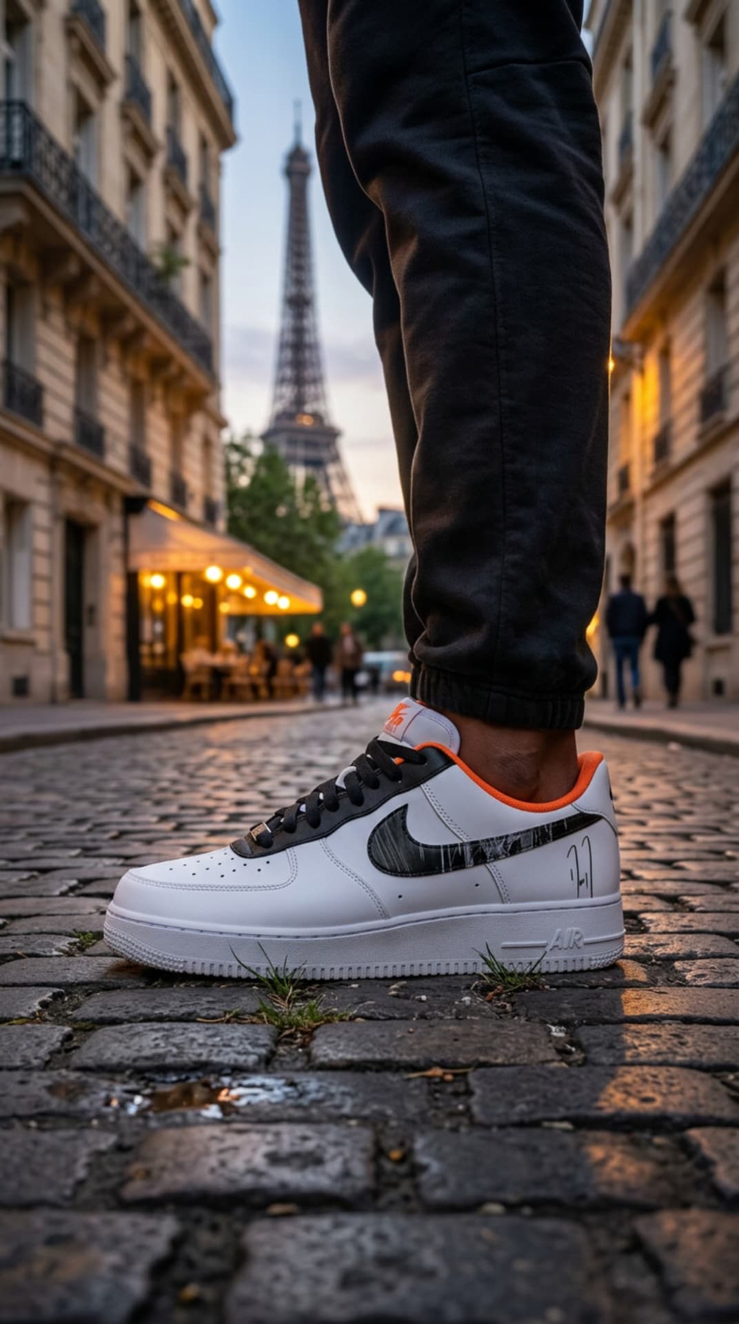 White Air Force 1 with black marbled panel and orange lining worn on Parisian cobblestones with the Eiffel Tower behind