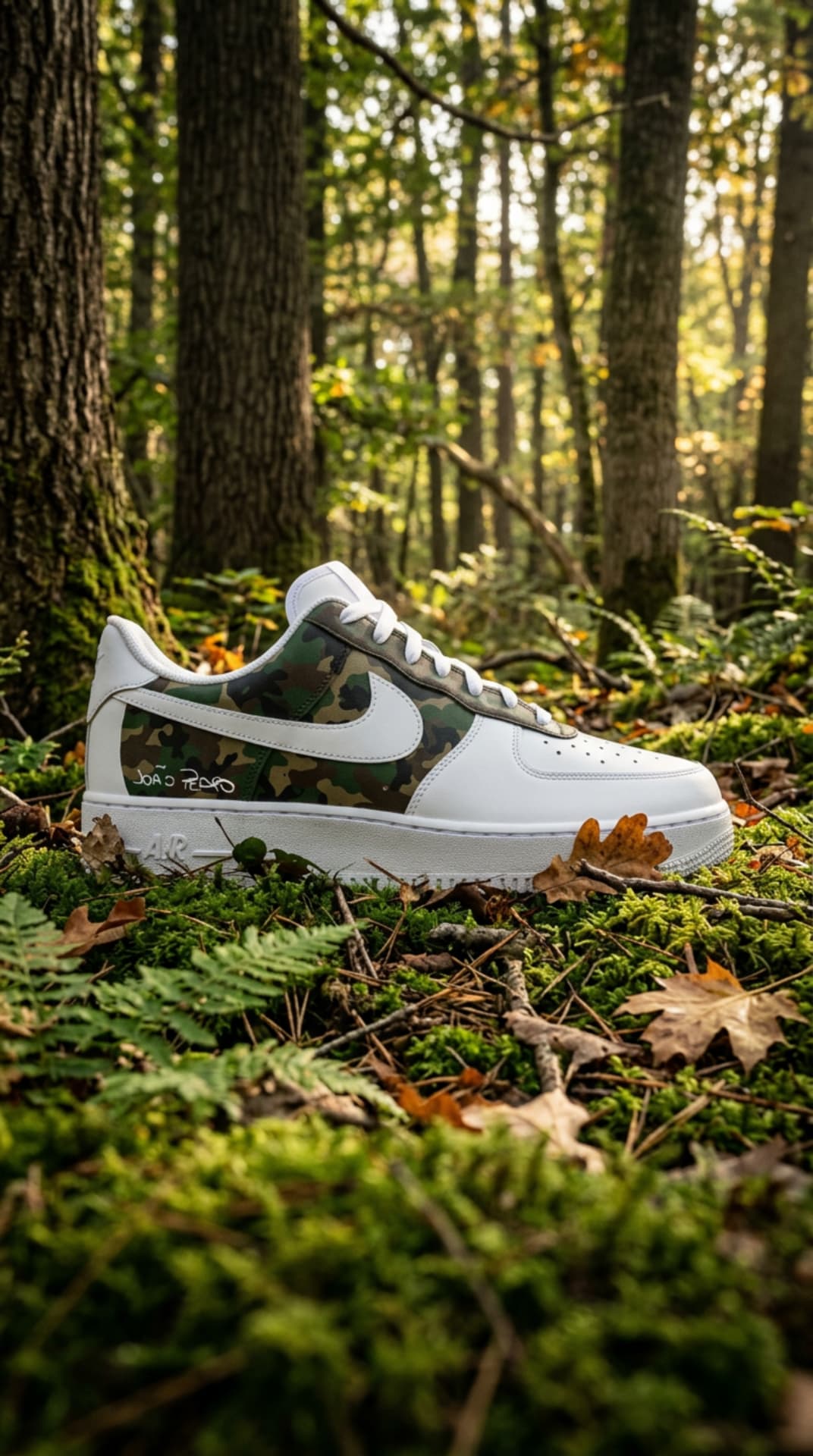 White Air Force 1 with green camouflage panels resting on a mossy forest floor
