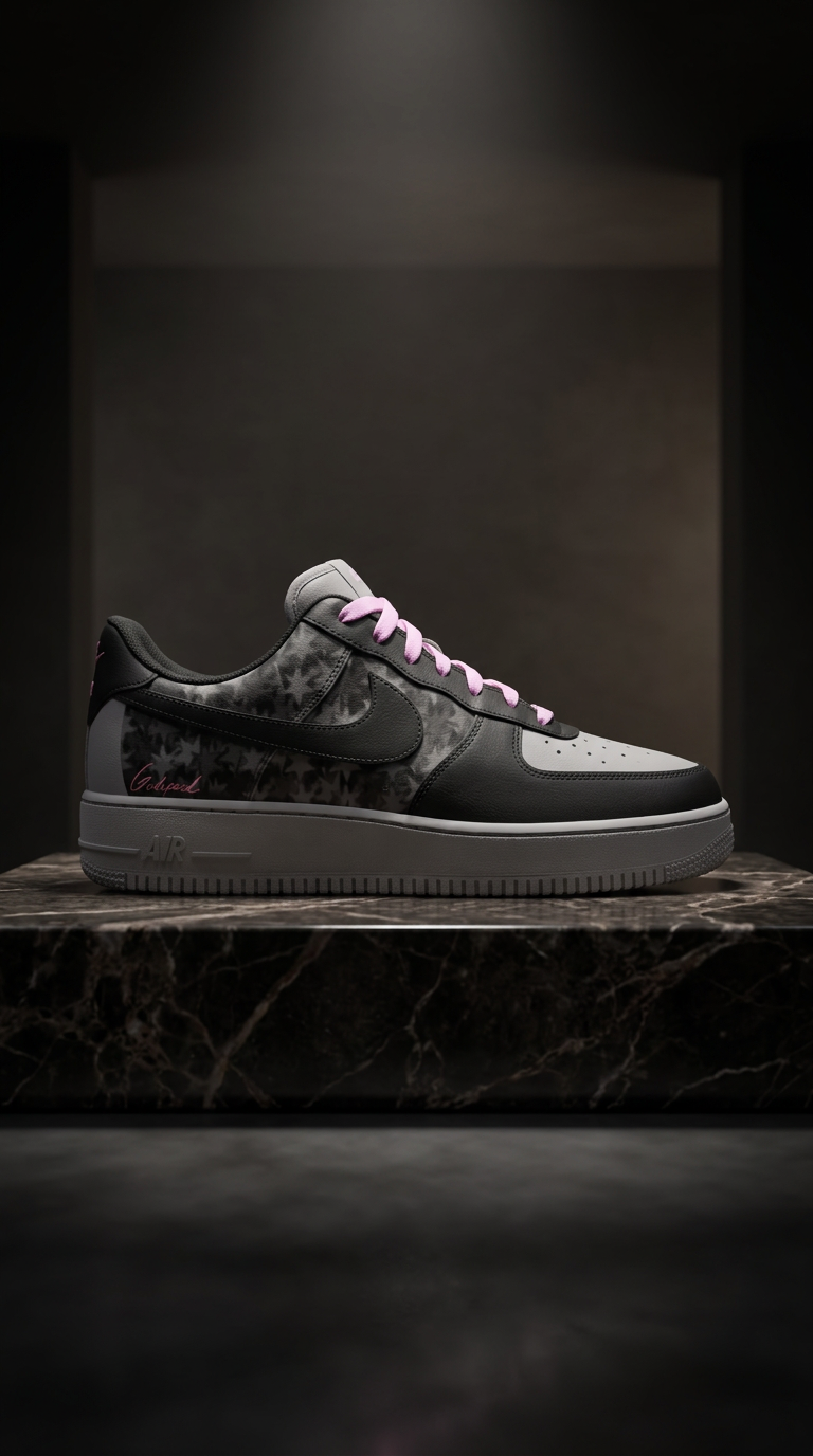 Black Air Force 1 with a star-print panel and pink laces spotlit on a dark marble plinth