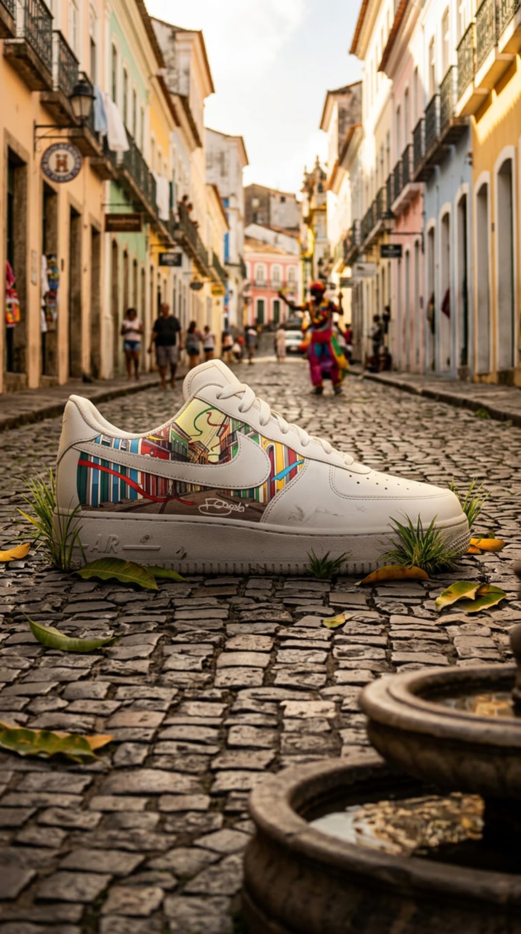 White Air Force 1 with a colorful Salvador streetscape panel resting on cobblestones in a Brazilian alley