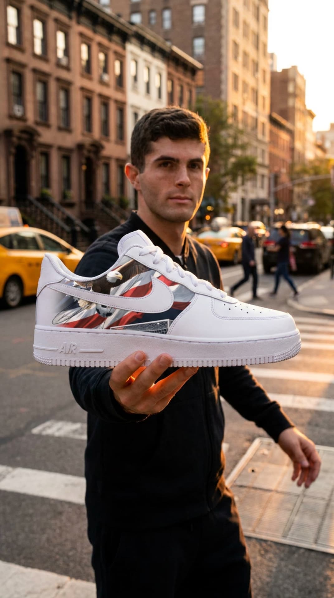 Christian Pulisic holding out his custom Eagle Air Force 1 on a New York City street