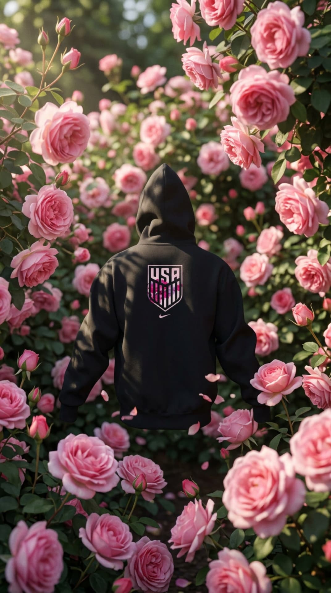 Black hoodie with a pink floral USA crest, shot in a rose garden