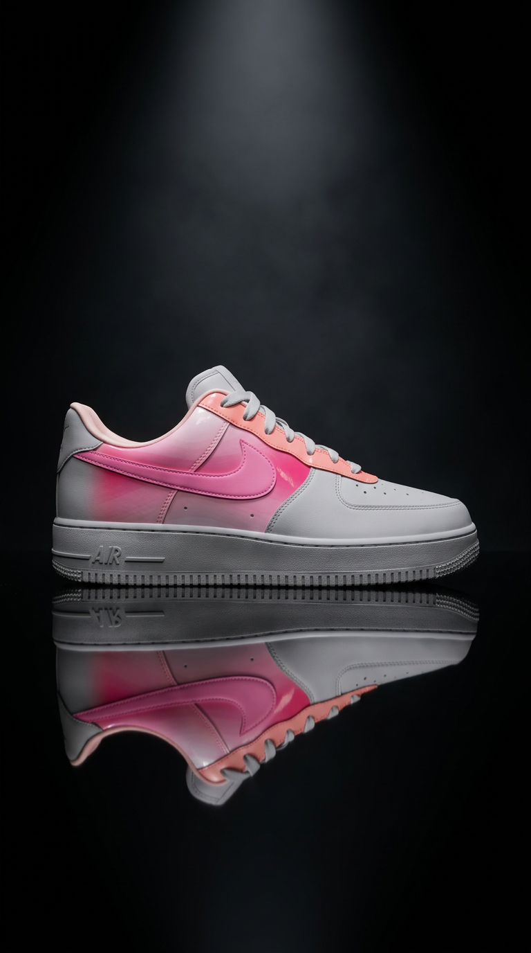 Grey Air Force 1 with a pink airbrushed swoosh on a mirrored black floor under a spotlight