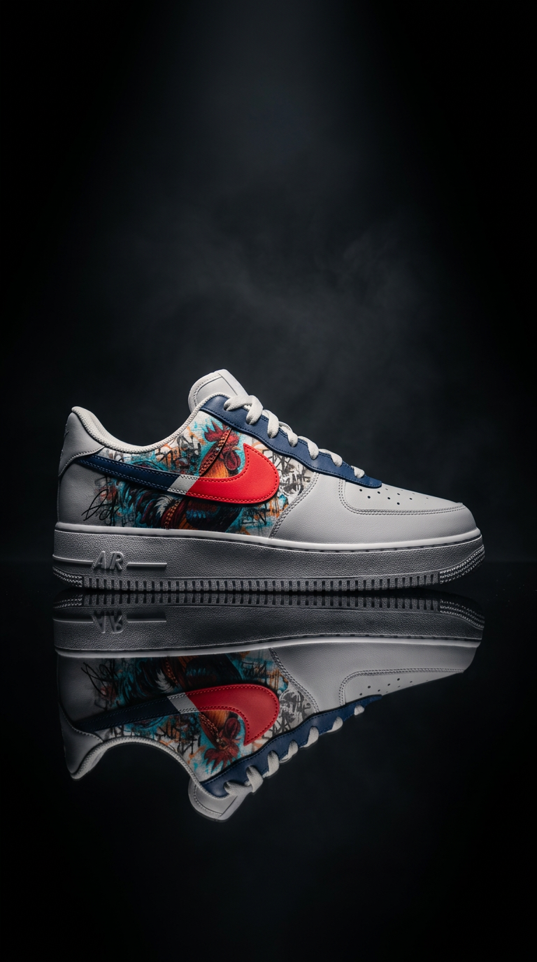 Grey Air Force 1 with a painted rooster panel on a mirrored black floor under a spotlight