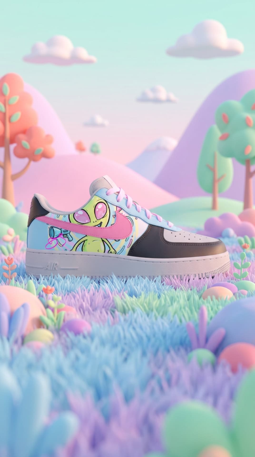 Pastel Air Force 1 with a cartoon alien graphic panel and pink swoosh set in a candy-colored landscape