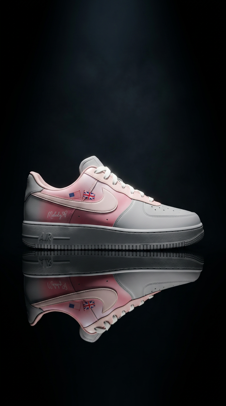 Grey and blush pink Air Force 1 with US and UK flag details and a Melody script signature spotlit above a mirrored black floor