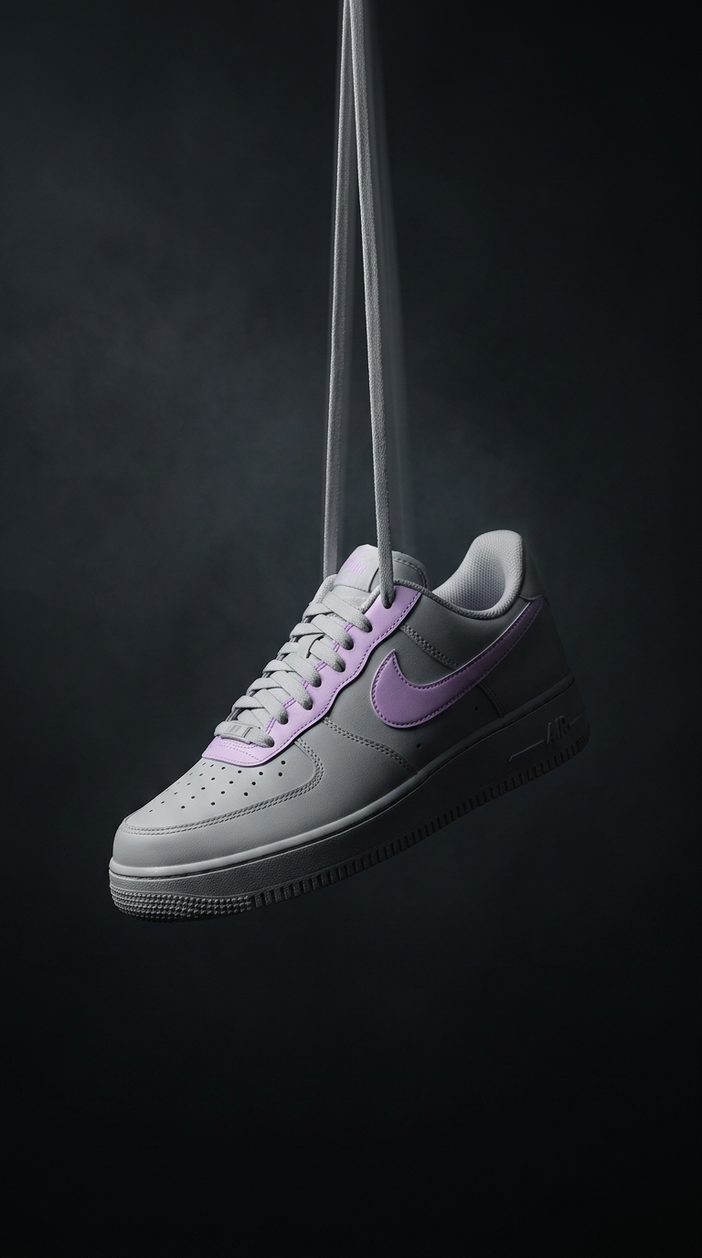 Grey Air Force 1 with a lavender swoosh hanging by its laces in a dark smoky studio