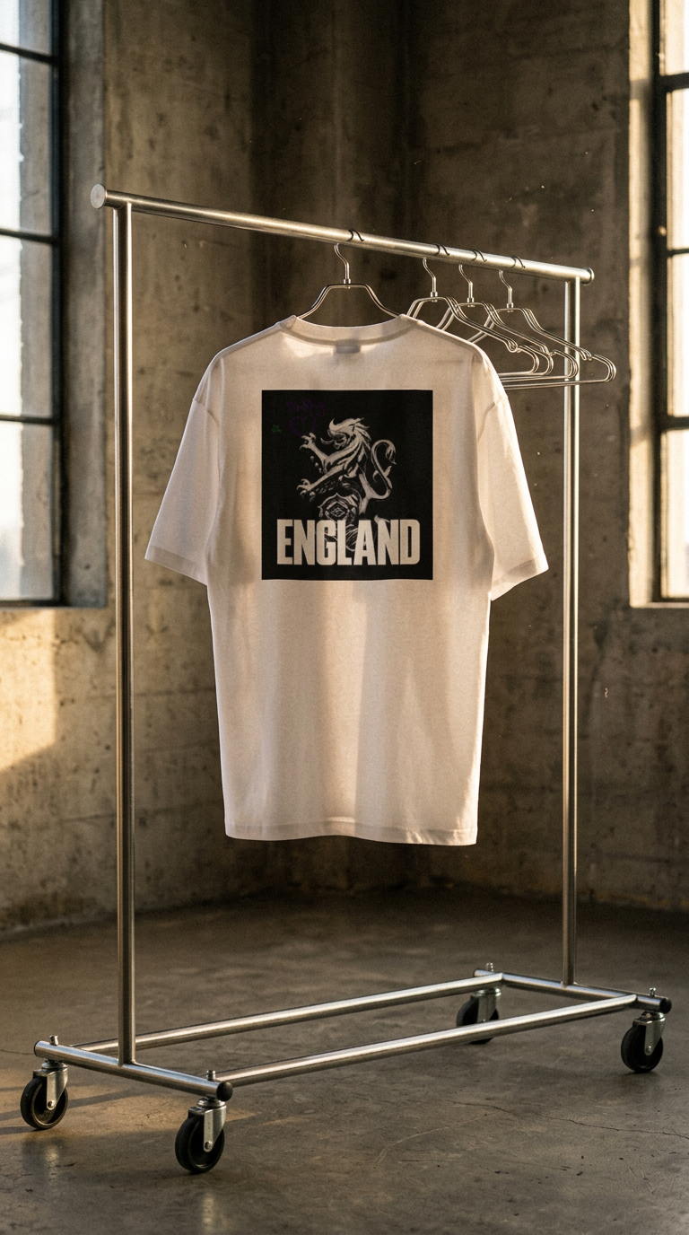 White England lion-crest tee hanging on a metal rack in a sunlit loft