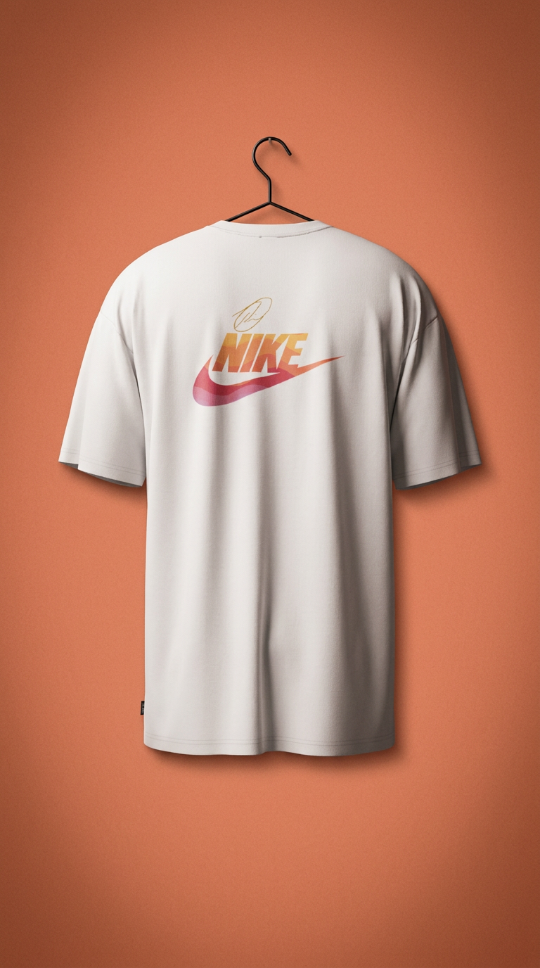 Cream tee with a gradient orange Nike Swoosh signature graphic on a terracotta backdrop