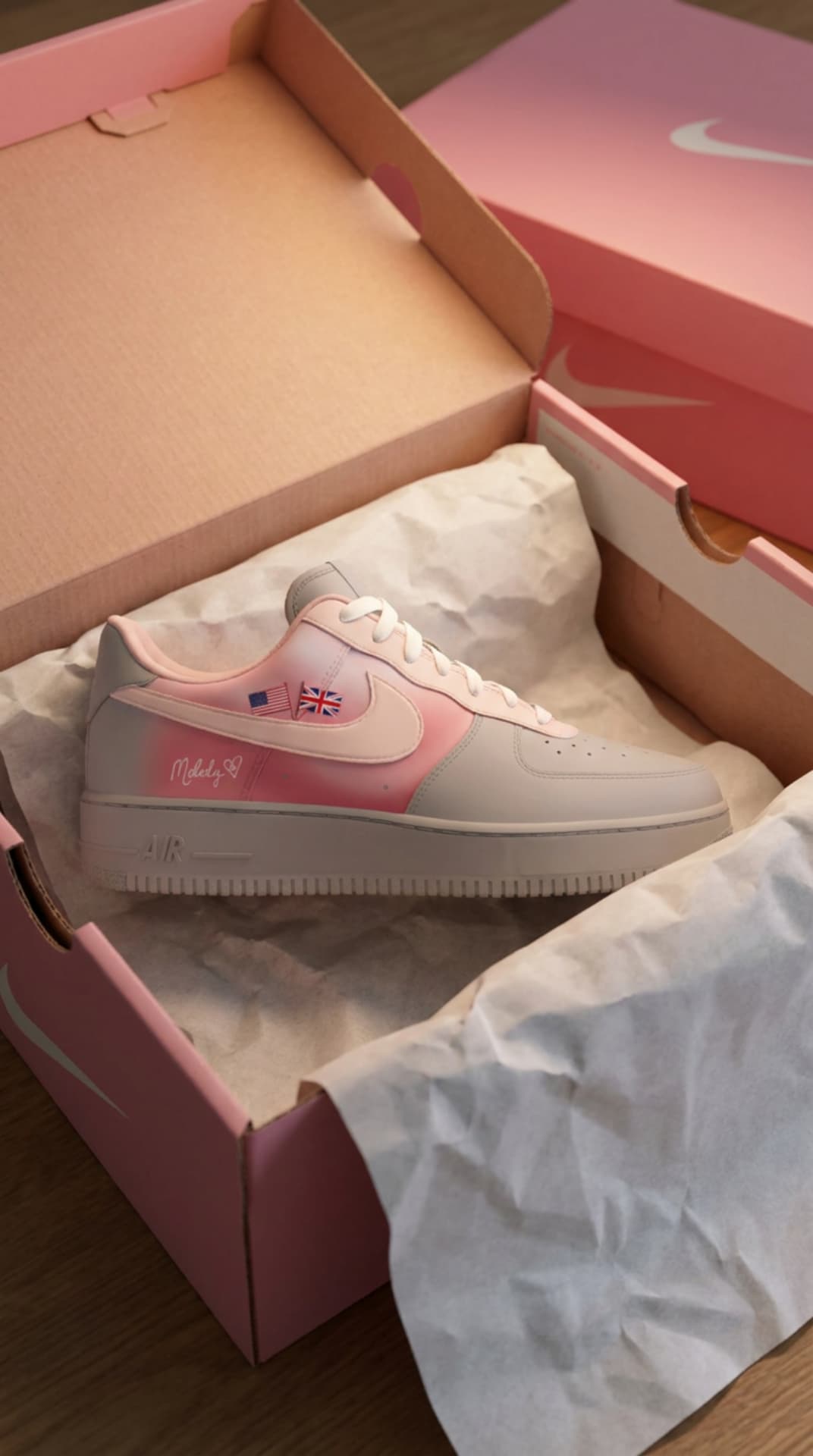 Grey and blush pink Air Force 1 with US and UK flag details and a Melody script signature nested in tissue paper inside a pink Nike box