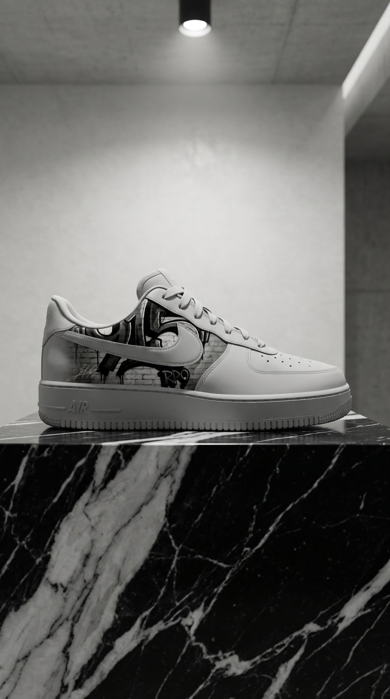 The graffiti-panel Air Force 1 spotlit on a black marble plinth