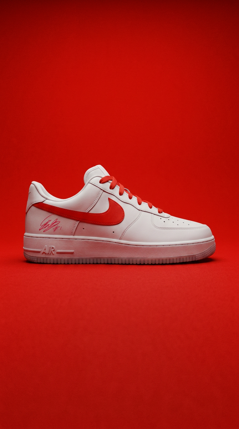White Air Force 1 with red swoosh and signature on a red backdrop