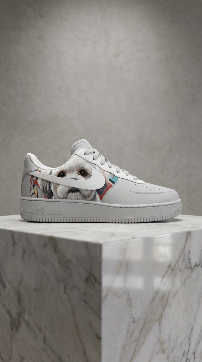 Bone Air Force 1 with a dog portrait panel spotlit on a marble plinth