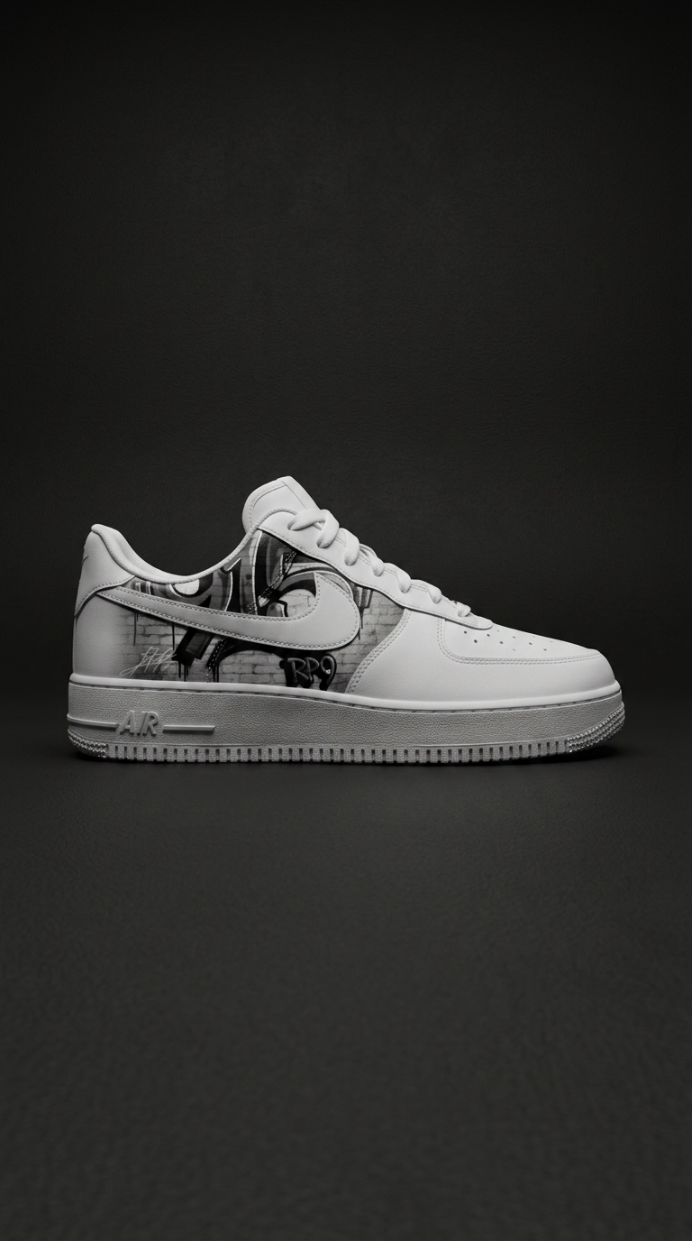 White Air Force 1 with greyscale graffiti wall panel and RP9 tag on a dark studio backdrop