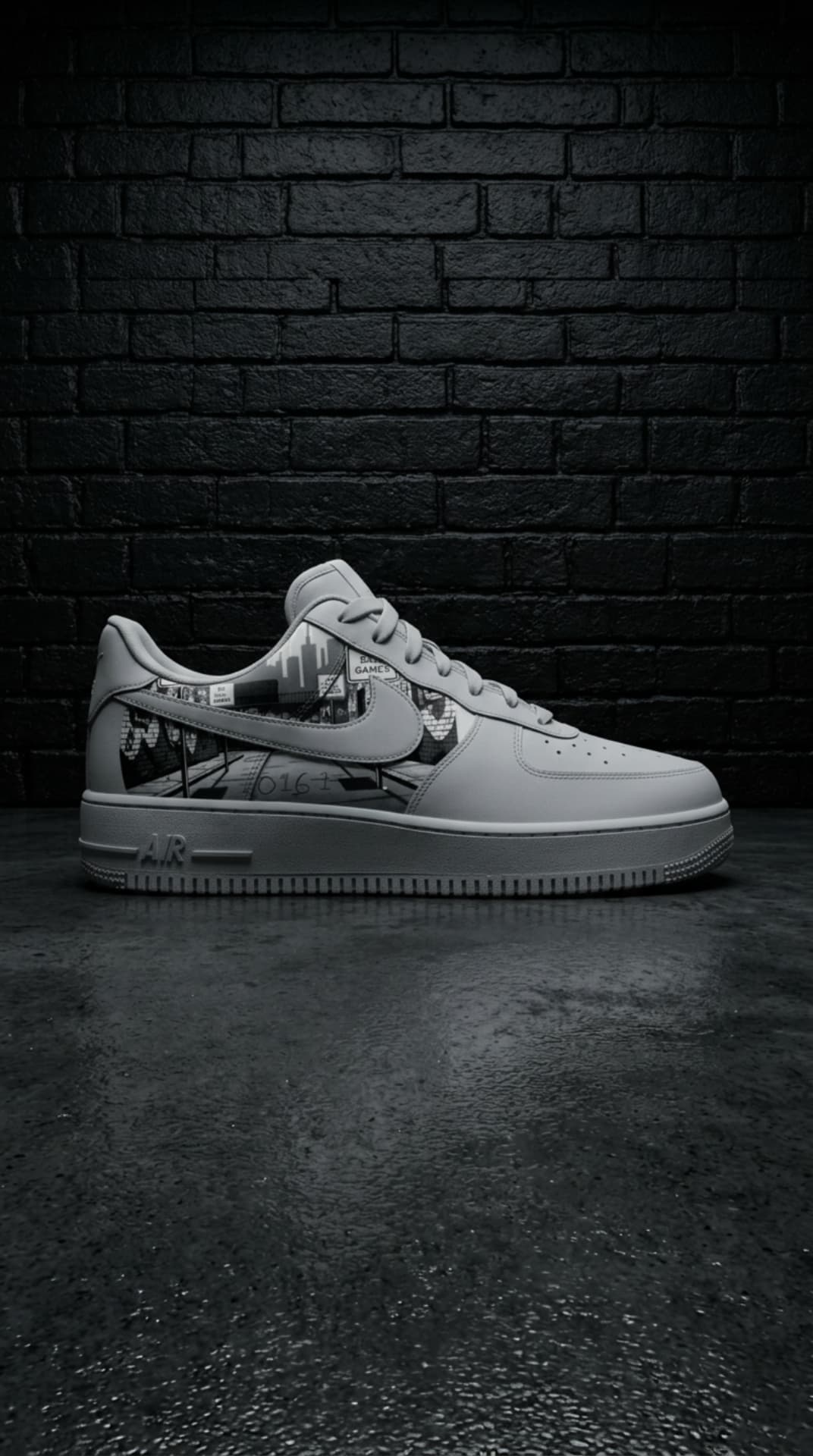 Grey Air Force 1 with a black-and-white city skyline print panel against a dark brick wall on wet concrete