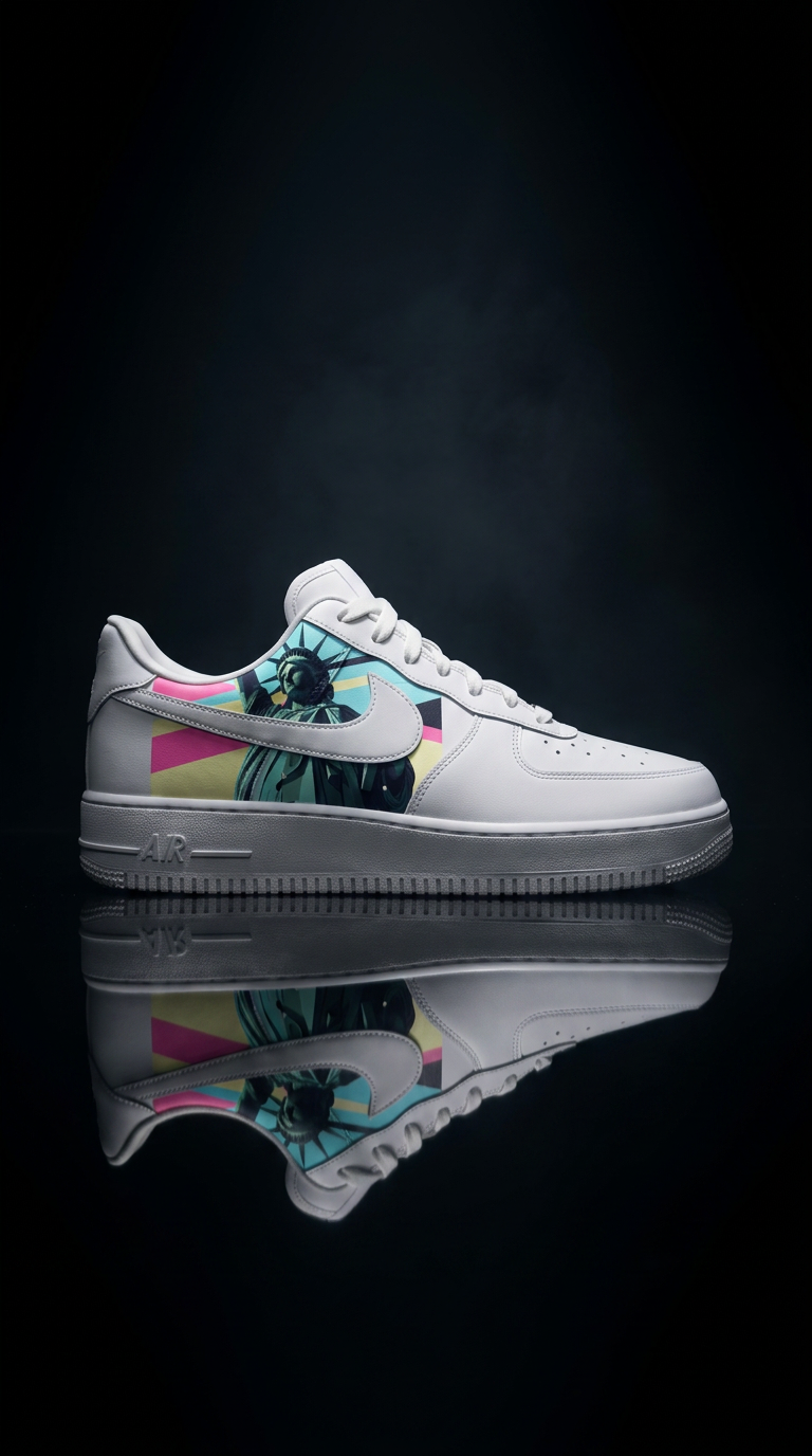 White Air Force 1 with a Statue of Liberty geometric panel on a mirrored black floor