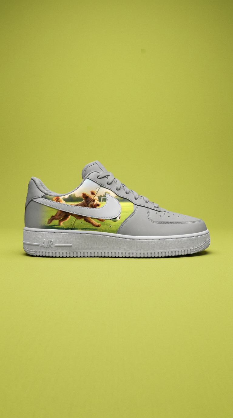 Grey Air Force 1 with a painted panel of a dog chasing a soccer ball on a sunlit pitch on a chartreuse backdrop