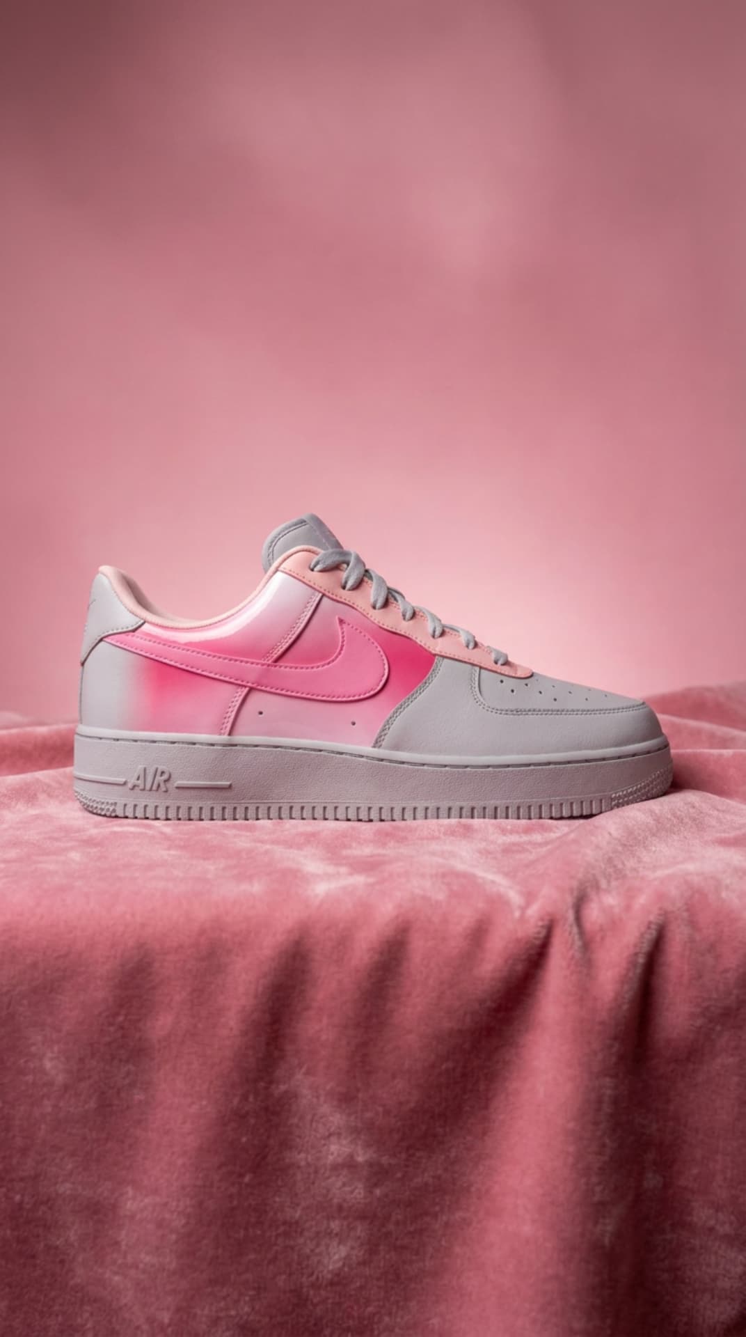 Grey Air Force 1 with a pink airbrushed swoosh panel resting on pink velvet