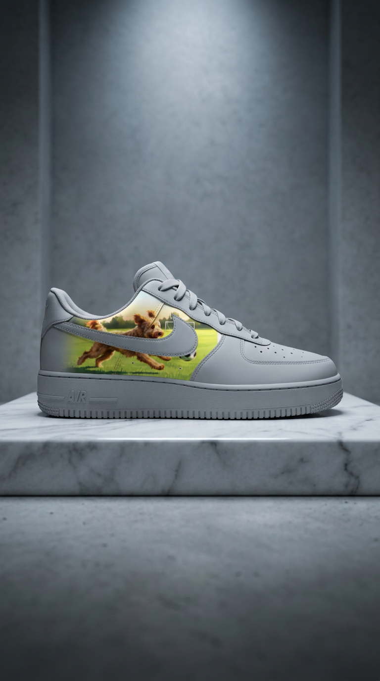 Grey Air Force 1 with a painted panel of a dog chasing a soccer ball on a sunlit pitch spotlit on a marble plinth in a concrete studio