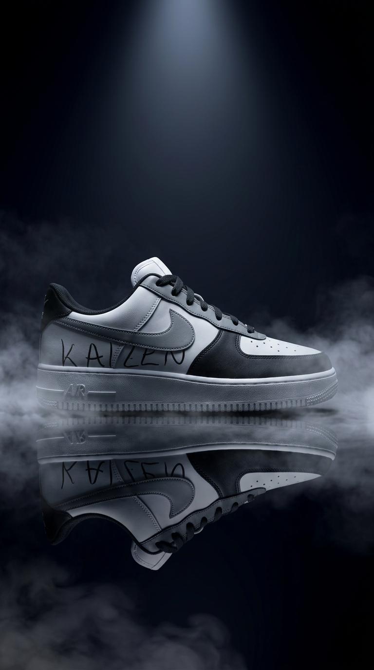 White, grey and black KAIZEN Air Force 1 spotlit in fog above a dark mirrored floor
