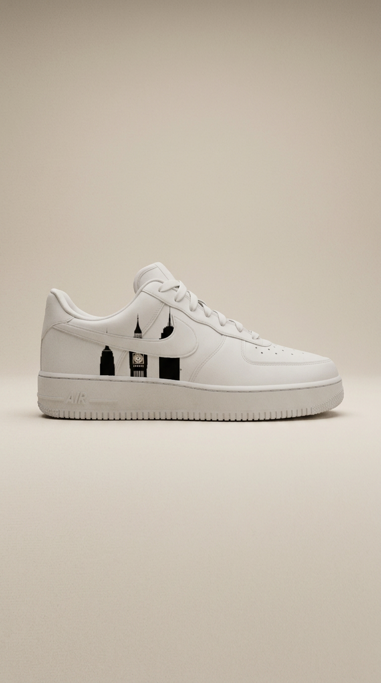White Air Force 1 with a black city skyline silhouette panel on a warm sand backdrop