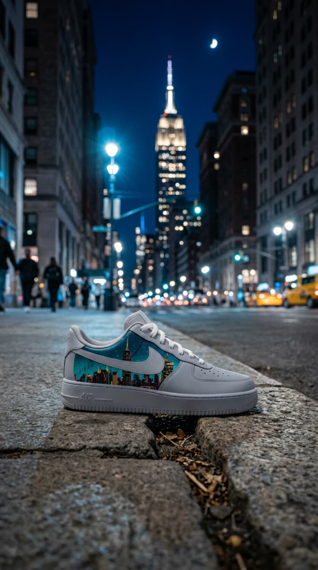 White Air Force 1 with a neon city skyline panel resting on a curb with a lit-up city street at night behind it