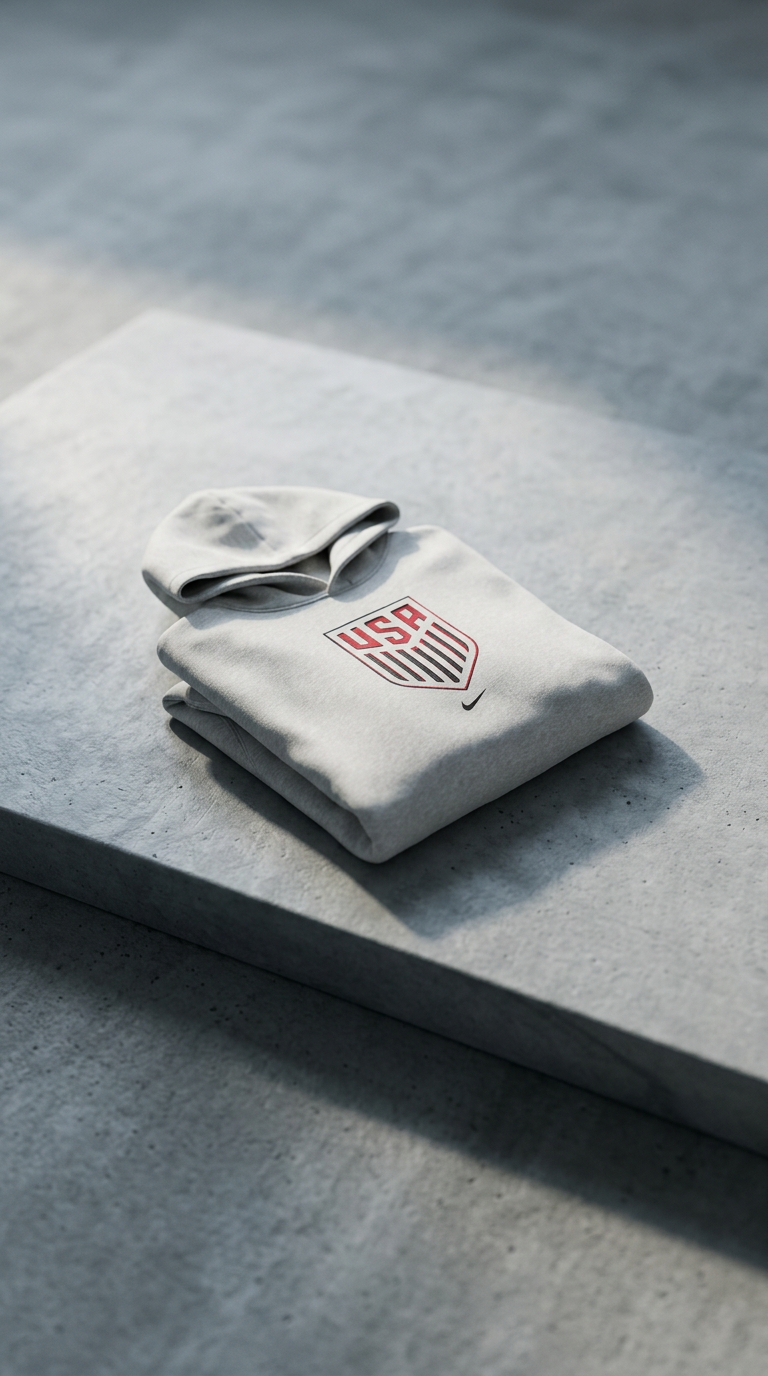 Folded grey USA crest hoodie on a concrete slab