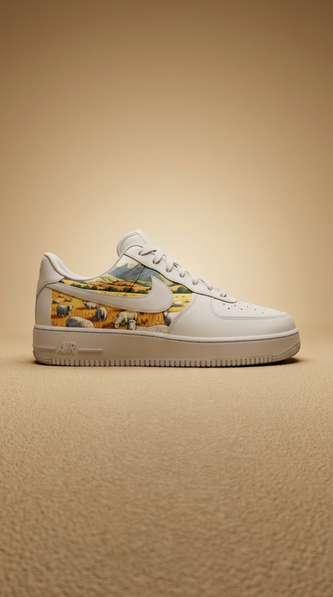 Cream Air Force 1 with an illustrated sheep and countryside panel on a warm sand backdrop