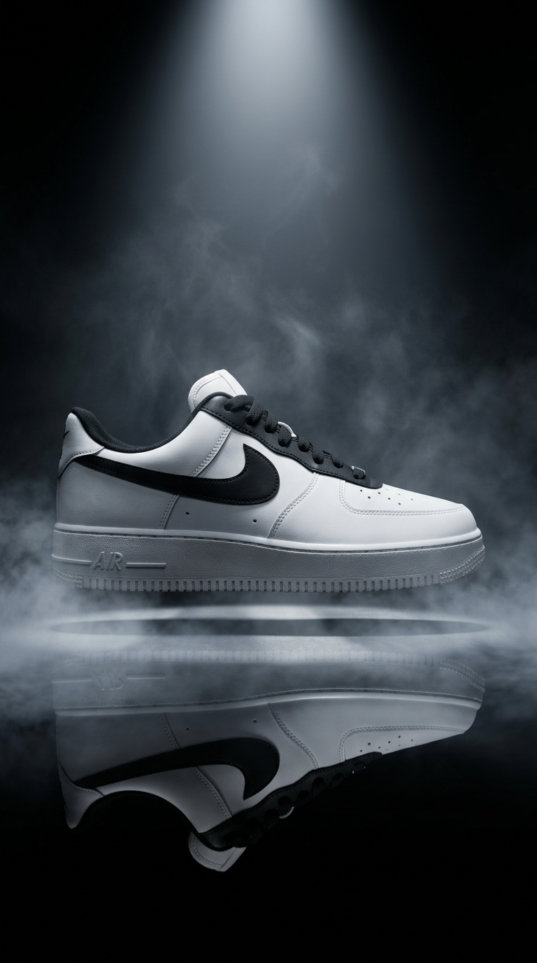 White Air Force 1 with a black swoosh lit by a single spotlight above a misty mirrored floor