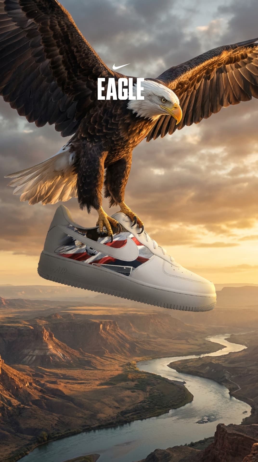 Bald eagle in flight gripping the white Eagle Air Force 1 above a canyon river at sunset