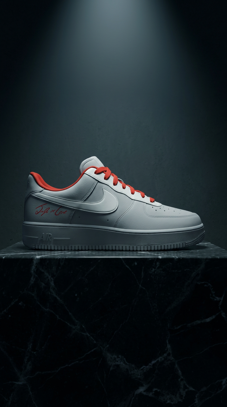 White Air Force 1 with red laces and red script signature spotlit on a black marble plinth